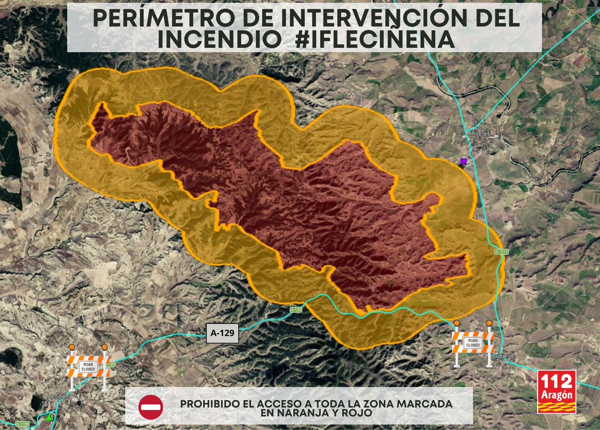 112Aragon's tweet photo. #IFLeciñena
⛔ Está terminantemente prohibido acceder al perímetro de intervención del incendio de Leciñena.
El incendio se encuentra estabilizado, lo que significa que continúa activo. Aún existen puntos calientes y se siguen generando humeros en la zona.
🚒 Los servicios de emergencia continúan trabajando para asegurar el perímetro y completar las labores de extinción.
🦺Por tu seguridad y para no dificultar las labores de los equipos operativos, no accedas a la zona afectada.