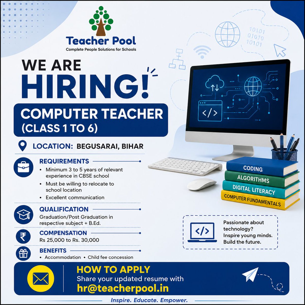 pool_teacher's tweet photo. Hiring Computer Teacher for Classes 1 to 6 in Begusarai, Bihar. Looking for educators with 3 to 5 years CBSE experience, B.Ed and excellent communication skills. Salary Rs 25000 to Rs 30000. Apply at hr@teacherpool.in #Hiring #TeachingJobs #CBSE https://t.co/ZtVYrhDlcl