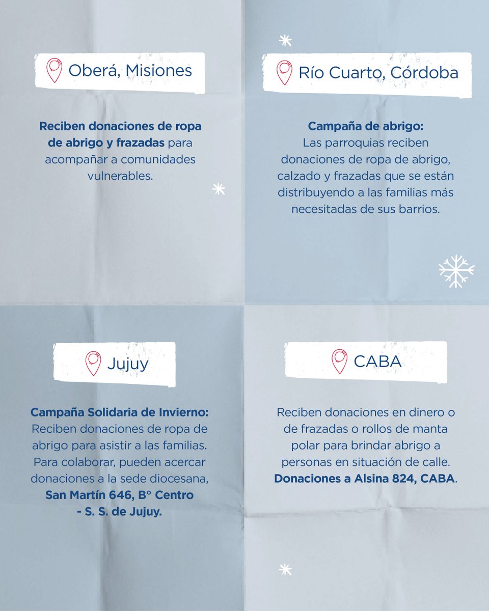 CaritasAR's tweet photo. #CáritasContraElFrío | Desde Cáritas Argentina, acompañamos a personas y familias que atraviesan el invierno con dificultades. En cada región, las comunidades se organizan para brindar abrigo, alimento y contención.

👉 Desliza para conocer algunas de las acciones que se están llevando adelante en distintos puntos del país y comunicate con la Cáritas diocesana de cada lugar.

Colaborá y conocé más en https://t.co/FGYFFDIgtN

#somoscaritasarg