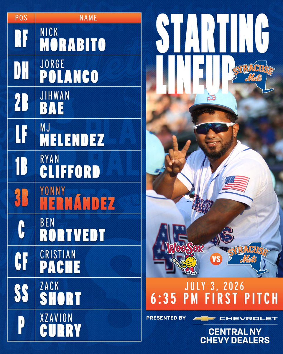 SyracuseMets's tweet photo. Let's start the 4th of July weekend the right way! 🇺🇸🎆

Here is your Starting Lineup presented by Central NY Chevy Dealers for today's game against @WooSox at 6:35 pm! Listen at https://t.co/RCWYgNC2jd for
@SYRMetsRadio or watch on https://t.co/mA7FpIioLO! https://t.co/TPXfD4fYkO