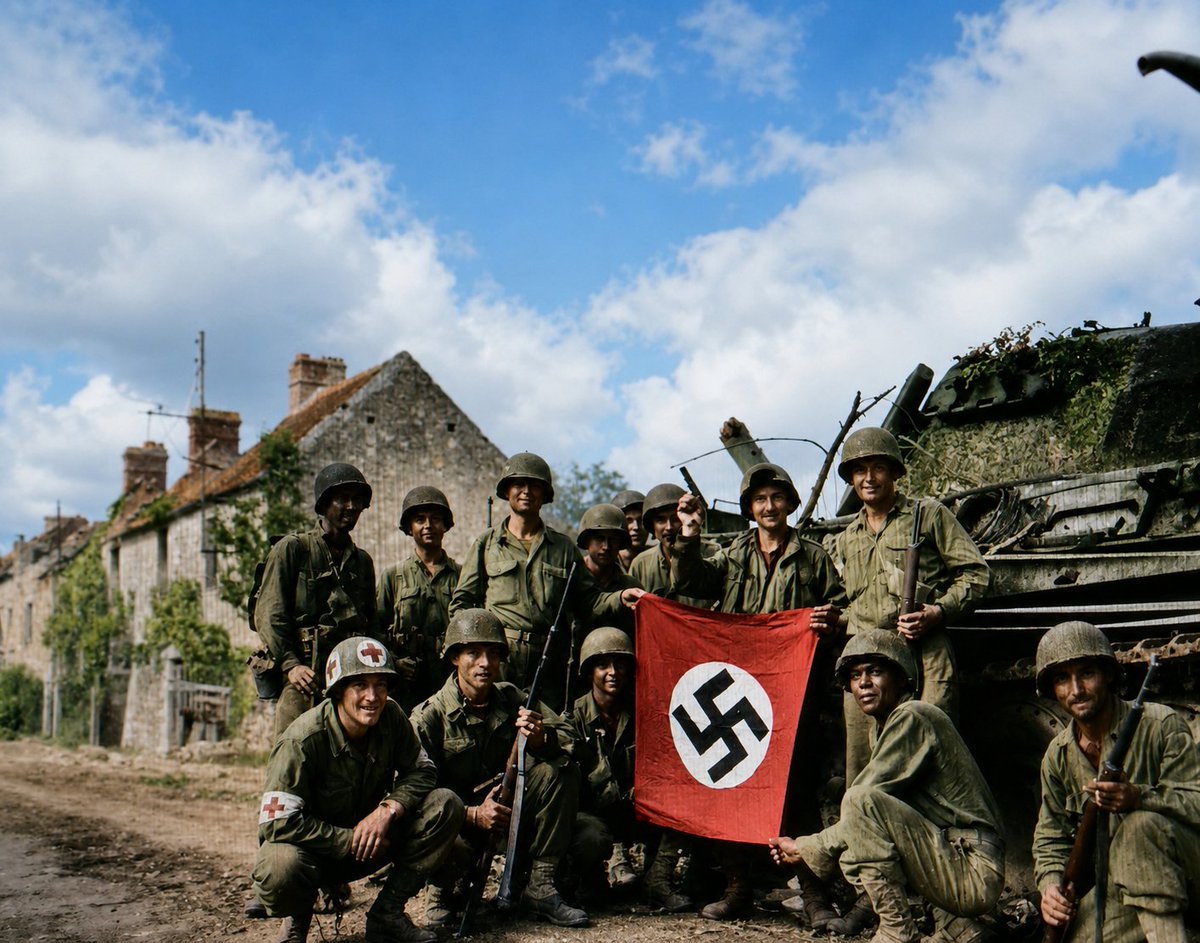Kyle_Reese_84's tweet photo. Lined up in front of a wrecked German tank and displaying a captured swastika, is a group of Yank infantrymen who were left behind to "mop-up" in Chambois, France, last stronghold of the Nazis in the Falaise gap area. August 20, 1944. https://t.co/ZTauyLXjjH