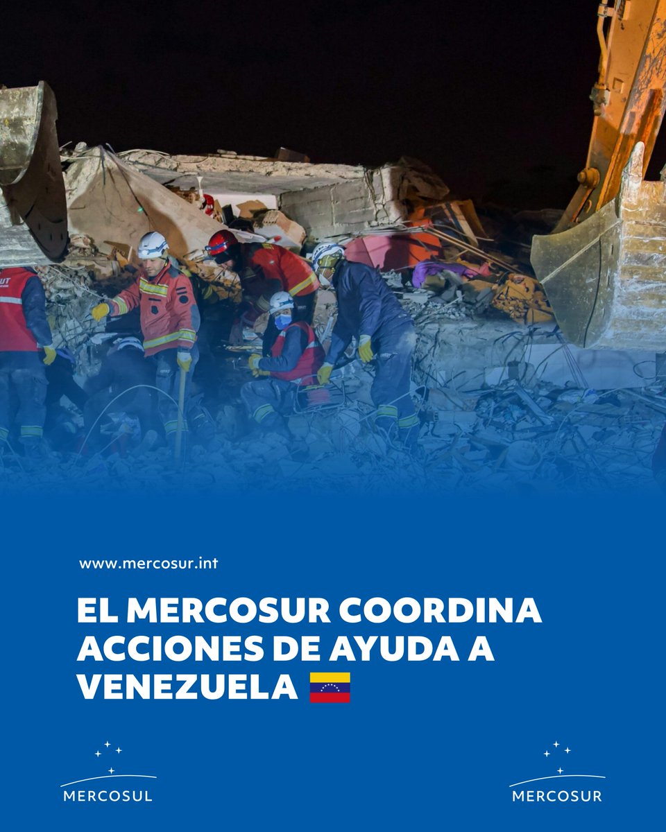 mercosur's tweet photo. [ES] 🌎 El MERCOSUR coordina acciones de apoyo a Venezuela 🇻🇪 tras los terremotos registrados el 24 de junio.

🤝 En una sesión virtual extraordinaria, la Reunión de Ministros y Altas Autoridades de Gestión Integral de Riesgos de Desastres del bloque acordaron coordinar la asistencia y fortalecer la cooperación regional ante esta emergencia.

ℹ️ Más información https://t.co/OdQll7erta

#MERCOSUR #IntegraciónRegional #Cooperación #GestiónDeRiesgos #Venezuela

[PT] 🌎 O MERCOSUL coordena ações de apoio à Venezuela 🇻🇪 após os terremotos registrados em 24 de junho.

🤝 Em uma sessão virtual extraordinária, a Reunião de Ministros e Altas Autoridades de Gestão Integral de Riscos de Desastres do bloco concordou em coordenar a assistência e fortalecer a cooperação regional diante desta emergência.

ℹ️ Mais informações https://t.co/htB03fWNgm

#MERCOSUL #IntegraçãoRegional #Cooperação #GestãoDeRiscos #Venezuela