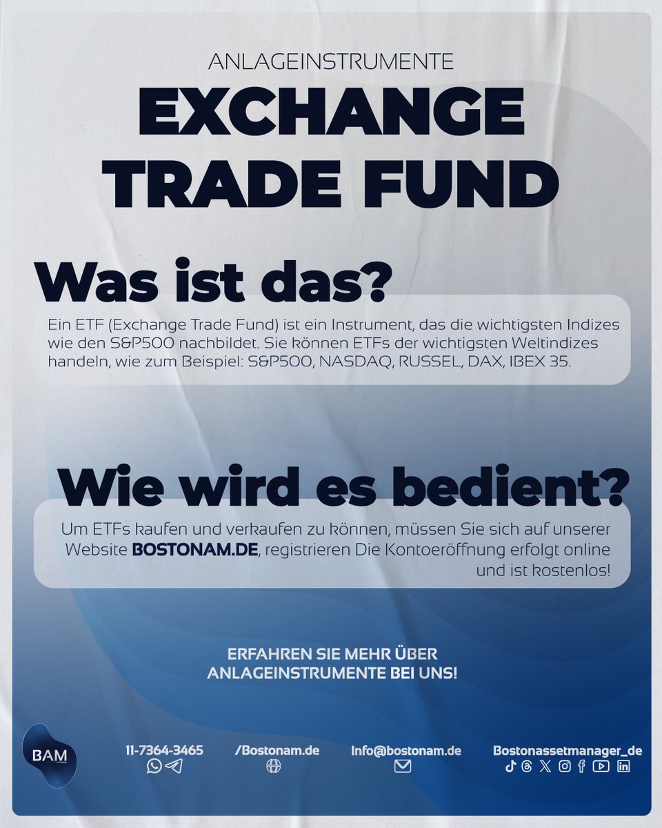 Assetboston_de's tweet photo. Was ist ein ETF? 
Ein ETF (Exchange Trade Fund) ist ein an der Börse gehandelter Investmentfonds, der das Verhalten eines Index wie des S&P500 nachbildet. 

Erfahren Sie mehr auf unserer Website https://t.co/XjHx4nsyii 

#deutchland #Geld #Ersparnisse #Finanzen #Inflation #Kapital #Aktienmarkt #Investitionen #FCI #aktien