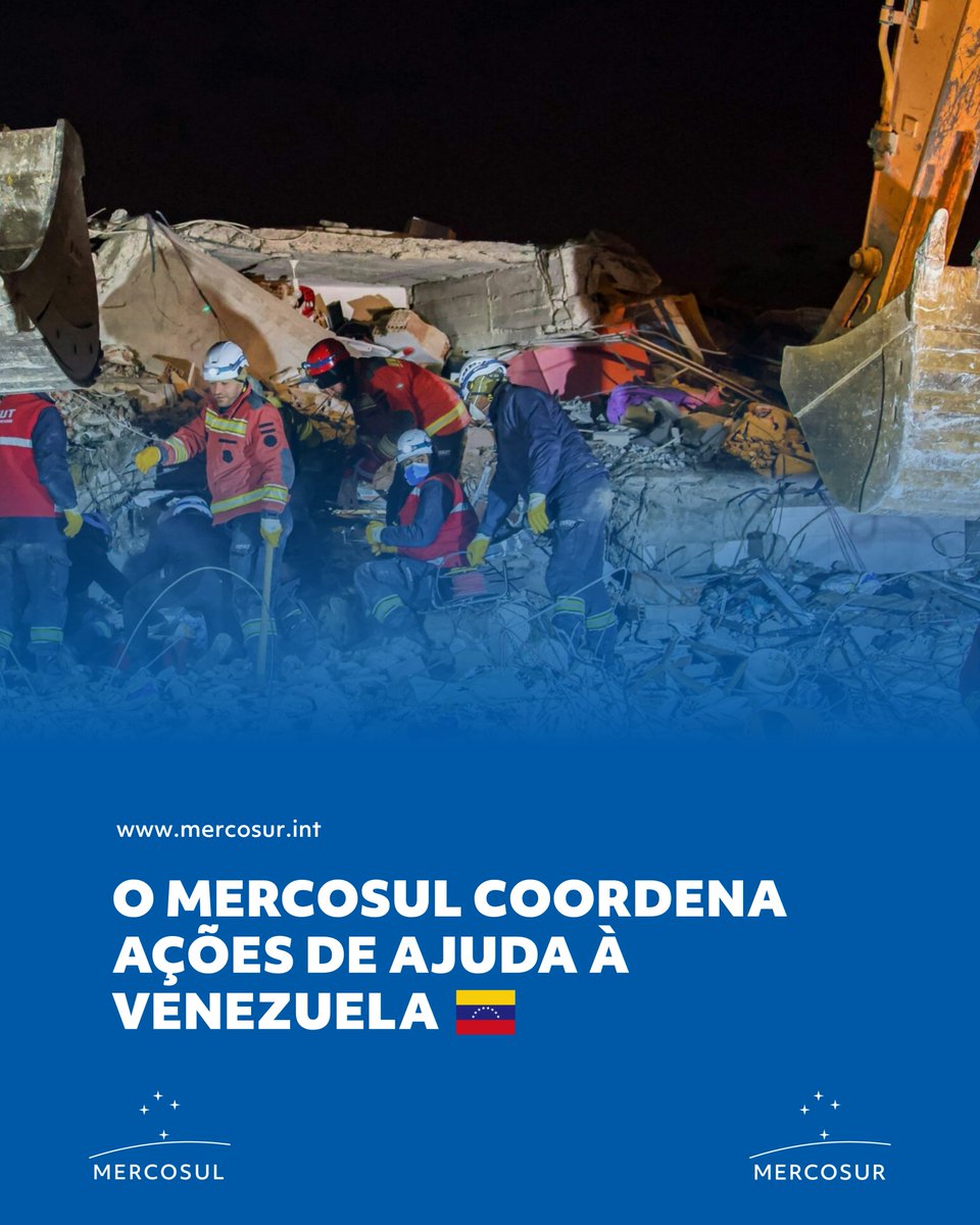 mercosur's tweet photo. [ES] 🌎 El MERCOSUR coordina acciones de apoyo a Venezuela 🇻🇪 tras los terremotos registrados el 24 de junio.

🤝 En una sesión virtual extraordinaria, la Reunión de Ministros y Altas Autoridades de Gestión Integral de Riesgos de Desastres del bloque acordaron coordinar la asistencia y fortalecer la cooperación regional ante esta emergencia.

ℹ️ Más información https://t.co/OdQll7erta

#MERCOSUR #IntegraciónRegional #Cooperación #GestiónDeRiesgos #Venezuela

[PT] 🌎 O MERCOSUL coordena ações de apoio à Venezuela 🇻🇪 após os terremotos registrados em 24 de junho.

🤝 Em uma sessão virtual extraordinária, a Reunião de Ministros e Altas Autoridades de Gestão Integral de Riscos de Desastres do bloco concordou em coordenar a assistência e fortalecer a cooperação regional diante desta emergência.

ℹ️ Mais informações https://t.co/htB03fWNgm

#MERCOSUL #IntegraçãoRegional #Cooperação #GestãoDeRiscos #Venezuela