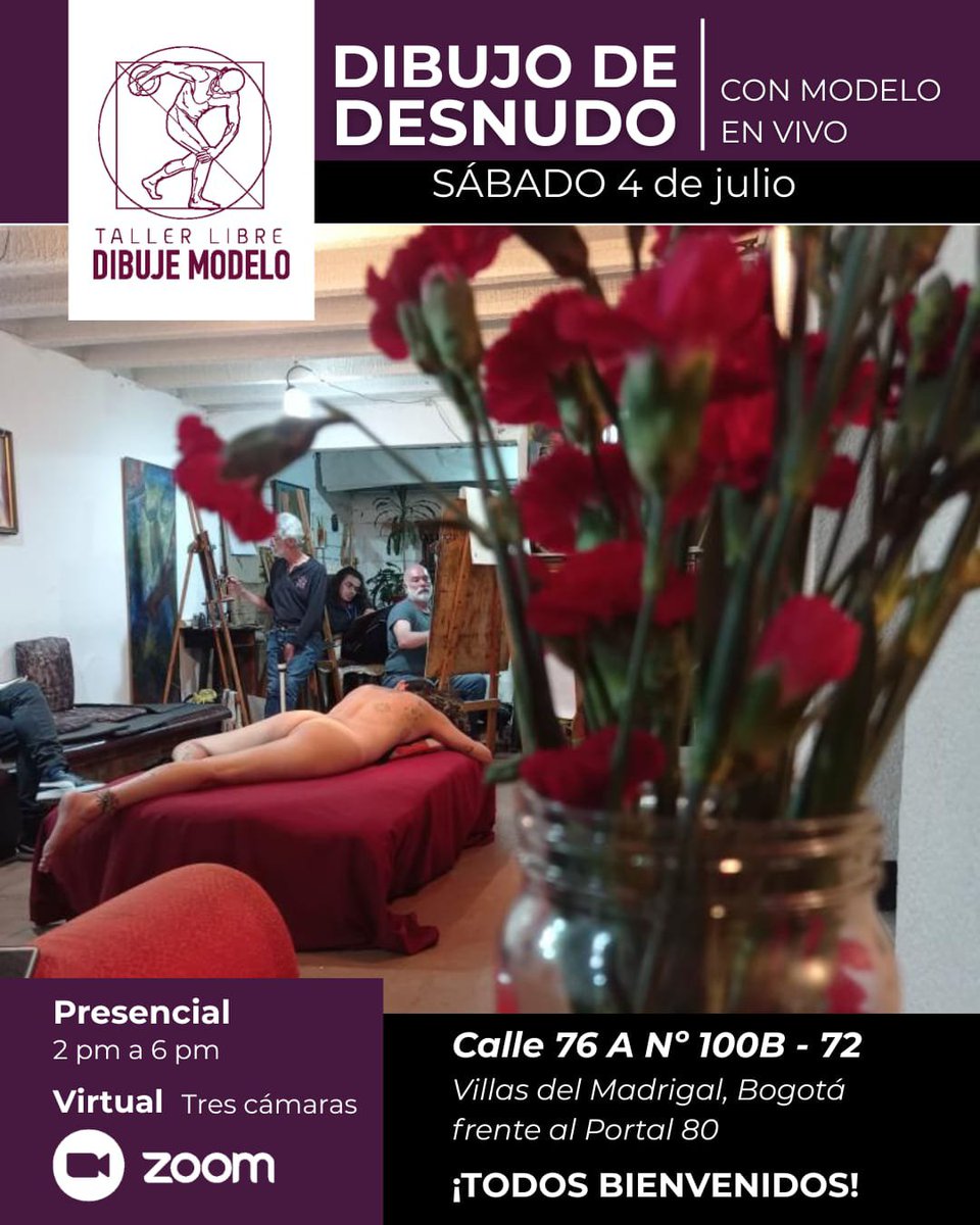 DIBUJEMODELO's tweet photo. Bienvenidos a otro sábado de dibujo con modelo a la hora acostumbrada,  presencial en Bogotá y virtual por Zoom ☺️☕✏️. No se necesita experiencia: maestra guía 👌. #dibujo #modelo #inlive #virtual #Zoom https://t.co/FRqlvqCVvN