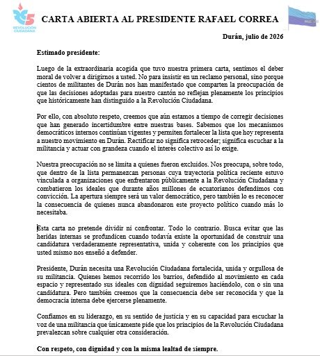 GiosFreire's tweet photo. @MashiRafael con absoluto respeto, creemos q aún estamos a tiempo d corregir decisiones q han generado incertidumbre entre nuestras bases. Sabemos q los mecanismos democráticos internos continúan vigentes y permiten fortalecer la lista q hoy representa a @RC5Oficial en Durán. https://t.co/dgBHsYyvGW