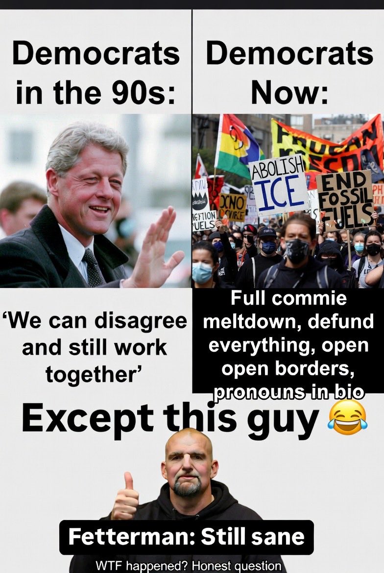 1776Returns's tweet photo. Honest question: What the hell happened to the Democratic Party?
I remember when they were just different; we could still find common ground on jobs, borders, or basic sanity. Now they’re crazy as bedbugs and full-blown commie… except for Fetterman, who’s out here acting like a normal human being.
When did “liberal” turn into this? Who else remembers the old Democratic Party?
#Politics #Democrats  #dumocrats