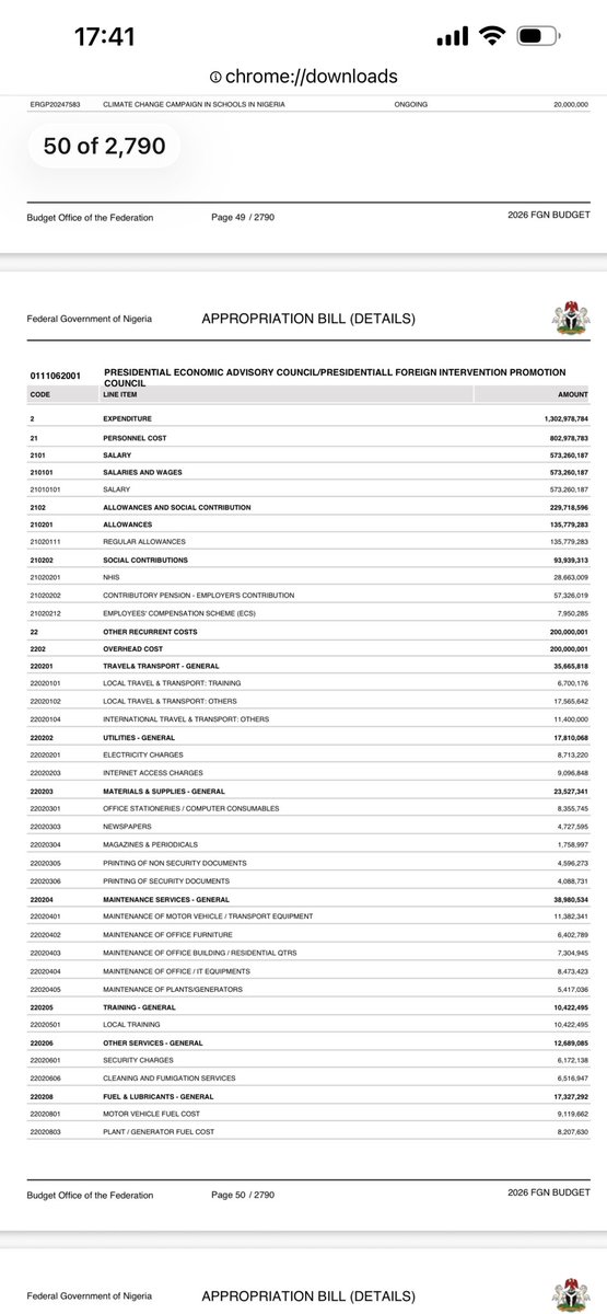 afrisagacity's tweet photo. Fellow Nigerians, I downloaded the 2026 Budget from the website of the Budget Office to confirm the existence of the body that Bayo Onanuga denied and claimed didn't exist.

Not only does the body, the Presidential Foreign Intervention Promotion Council (PFIPC) and the Presidential Economic Advisory Council (PEAC), exist in the budget, but two whole pages - 50 and 51 - were dedicated to the council!

See screenshots in frame 3 and 4.

Tinubu's government must explain how they included a Council that doesn't exist in the national budget and has allegedly been funding it since 2024!✍️