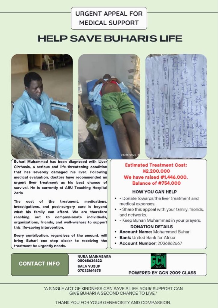 Niinameelah's tweet photo. *HELP SAVE BUHARI'S LIFE*

Buhari has been diagnosed with Liver Cirrhosis, a serious and life-threatening condition that has severely damaged his liver. Following medical evaluation, doctors have recommended an urgent liver treatment as his best chance of survival.

The cost of the treatment, medications, investigations, and post-surgery care is beyond what his family can afford. We are therefore reaching out to compassionate individuals, organizations, friends, and well-wishers to support this life-saving intervention.

Every contribution, regardless of the amount, will bring Buhari one step closer to receiving the treatment he urgently needs.

We've been able to raise #1,446,000
We have balance of #754,000.

Please let's keep spreading this till we safe a Life.

Thank you