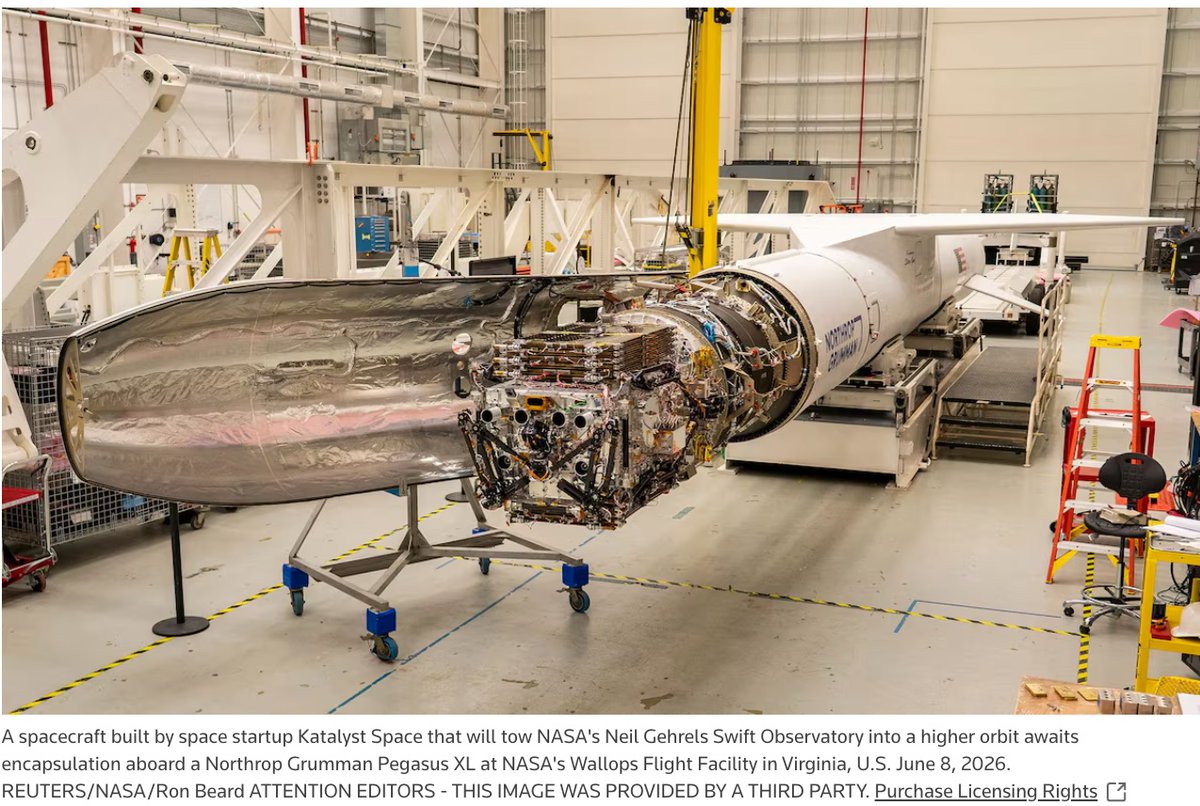 CosmoEquidad's tweet photo. 1/ NASA's Swift telescope had a 90% chance of falling out of orbit this year. Today @katalystspace launched #LINK, a robotic rescuer built in under a year, to grab Swift with 3 robotic arms and tow it to a safer orbit. First mission of its kind.
@NASA @esa 
#FridaySpaceChat https://t.co/JK8kYQyfsI
