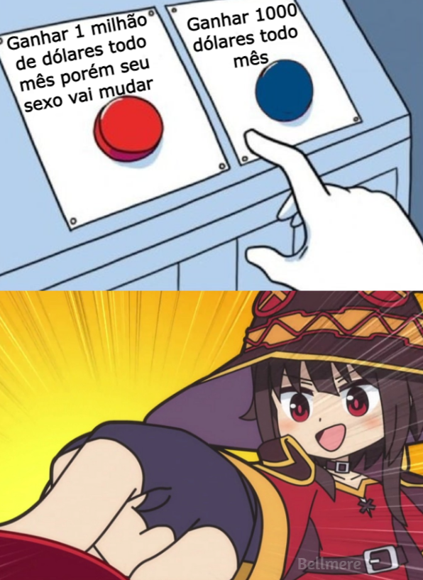 _Bellmere2_'s tweet photo. Botão vermelho: você vai ganhar 1 milhão de dólares todo ano, porém o botão vai magicamente te transformar no sexo oposto.

Botão azul: você vai ganhar 1000 dólares todo mês.

Qual botão você apertaria? https://t.co/yteKNpUAtE