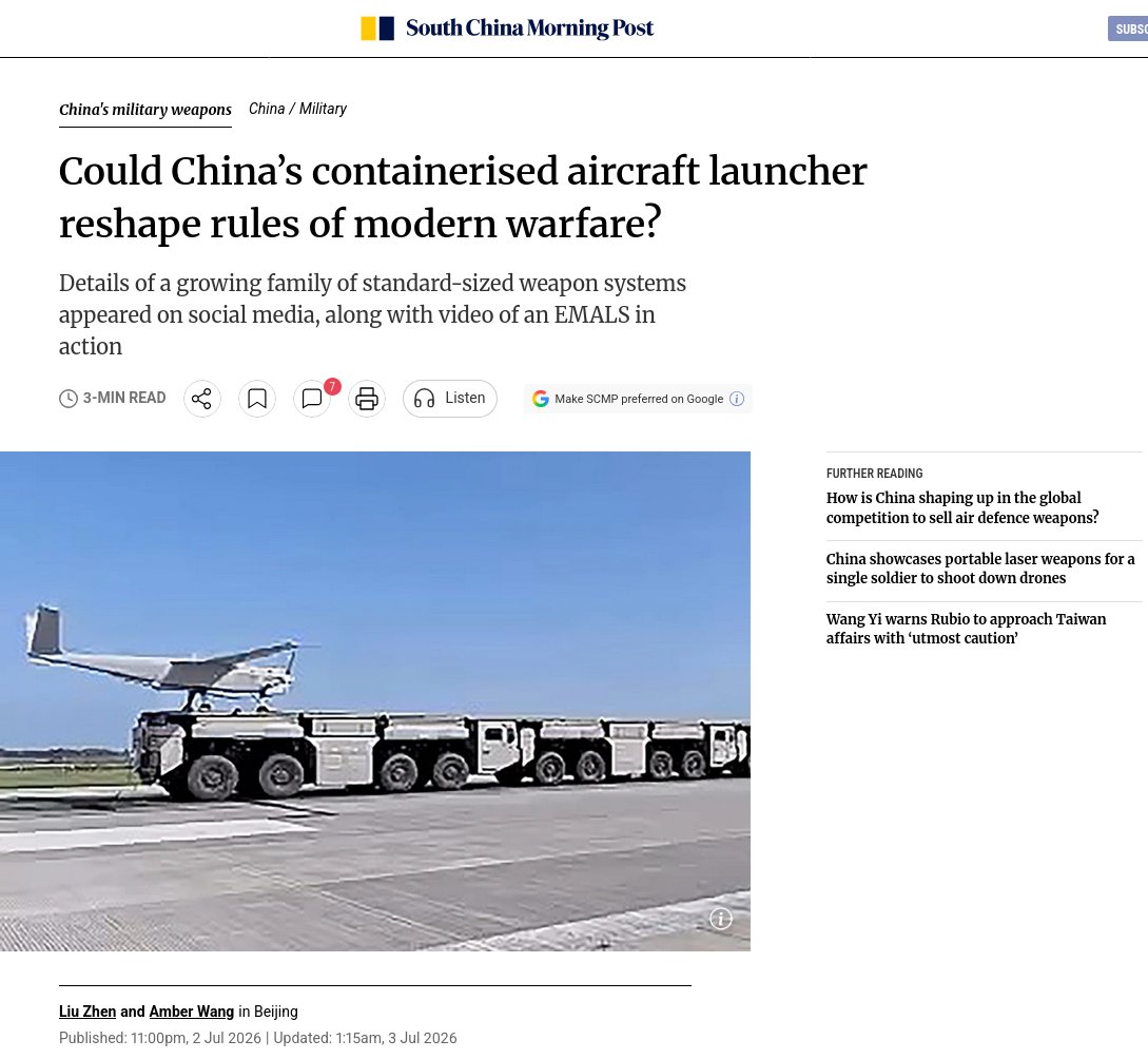 anapASPAC's tweet photo. #China 🇨🇳 has revealed a footage of a containerized electromagnetic aircraft launch system (#EMALS) able to launch fixed-wing #drones from a modular platform. The electromagnetic launcher itself is not new, but it would make drone operations more mobile, resilient and scalable. https://t.co/DvOAui08II