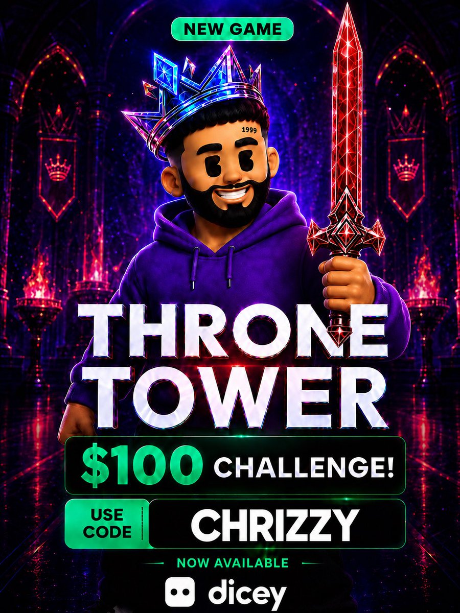 chrizzy's tweet photo. new @DiceyHQ Original just dropped: 

Throne Tower 👑

so we’re running a challenge

first player to hit 700x wins $100

min bet: $1
must be under code CHRIZZY

let’s see who takes the throne 🎲 https://t.co/BWK9W0kJje