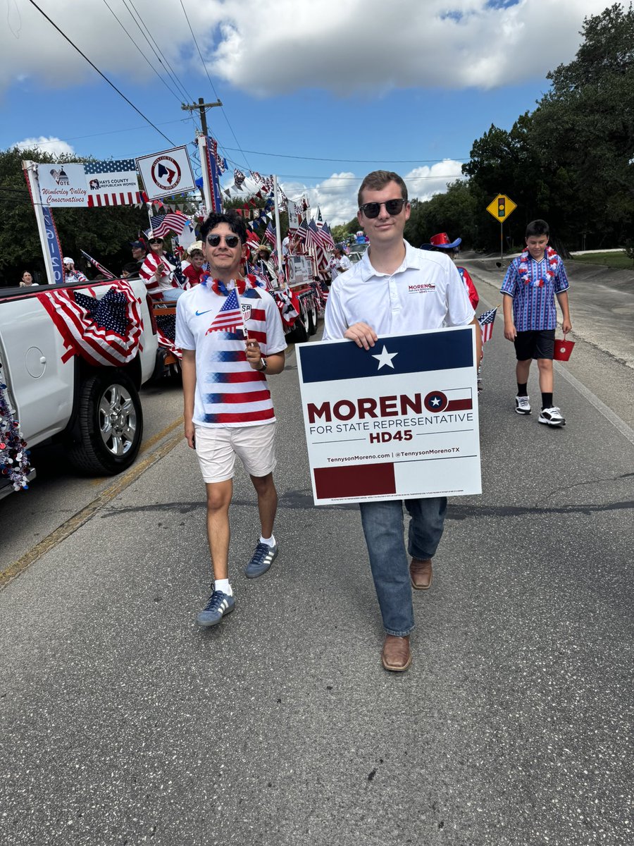 TennysonMoreno's tweet photo. Hays County Republicans out in force! #TeamTennyson had a great time walking in the Wimberley Parade. Thank you to everyone who came out and celebrated #America250
•
•
•
#TeamTennyson #txlege #HD45 #GOP https://t.co/FCdglqlLyq