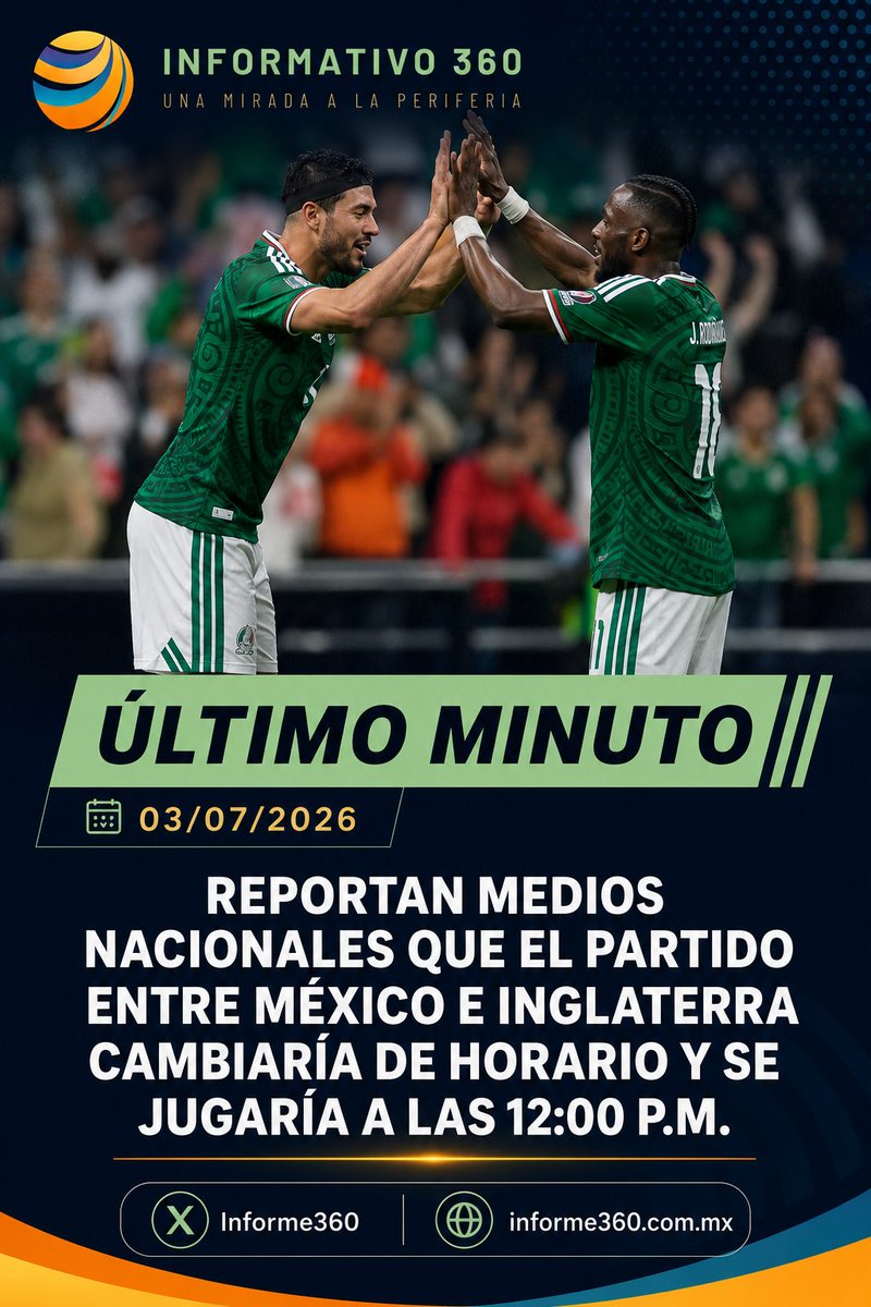 Informe_360J's tweet photo. ¡EN EXCLUSIVA! ❗

Se adelanta el partido de la Selección Mexicana 🇲🇽 contra Inglaterra 🏴󠁧󠁢󠁥󠁮󠁧󠁿 a las 12:00 PM del día, por riesgo de tormenta eléctrica. https://t.co/9ZLwuNYCqJ