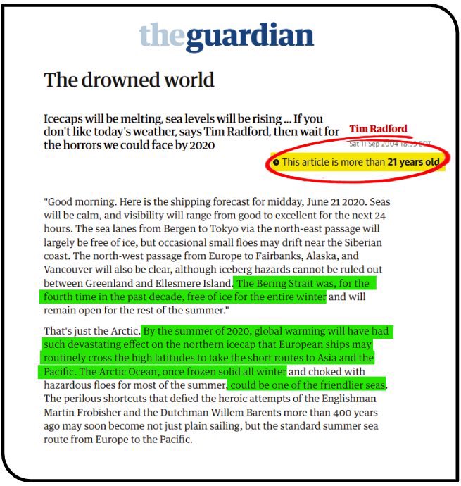 ChanceGardi's tweet photo. 21 anni fa il guardian Guardian prevedeva entro il 2020:  Stretto di Bering aperto tutto l'anno e navi attraverso l'Artico. Niente neve sul Kilimanjaro. 7 mm di innalzamento marino all''anno. Orsi polari estinti. Groenlandia senza ghiacciai. ZERO previsioni azzeccate. https://t.co/rpEyKE47mz