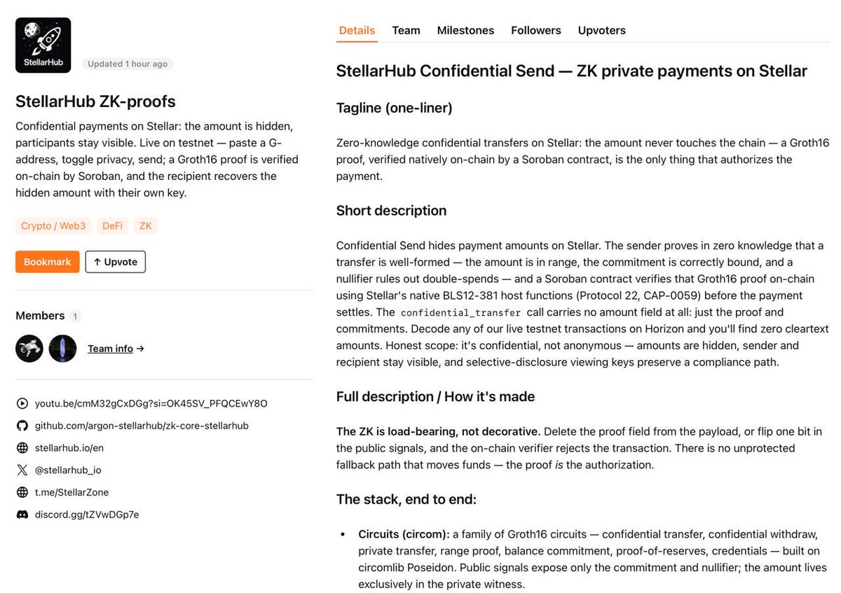 stellarhub_io's tweet photo. 👀 StellarHub 0.9.2-beta just went live with Confidential Send (ZK Proofs). Toggle the green eye, and your payment amount never touches the chain — a zero-knowledge proof does the work instead!

Try it on testnet → https://t.co/7KA0lL3yO5
DoraHacks: https://t.co/re3Uaf3jR0
Presentation: https://t.co/rZ1Syc5s5a