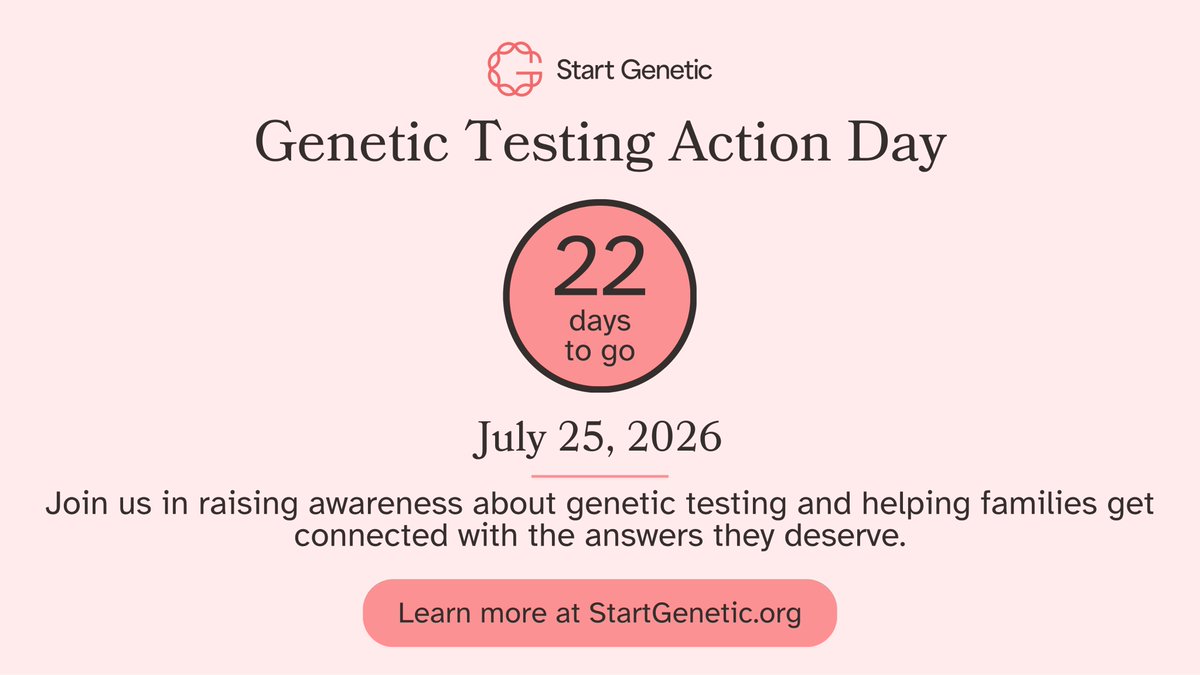 StartGenetic's tweet photo. 22 days until Genetic Testing Action Day!
Join us on July 25 to raise awareness and empower families to get genetic testing and unlock understanding, community, and a way forward.
Get started at: https://t.co/K9kW7x7oxn
#StartGenetic #GeneticTesting #GeneticTestingActionDay https://t.co/vdQTztq0zF
