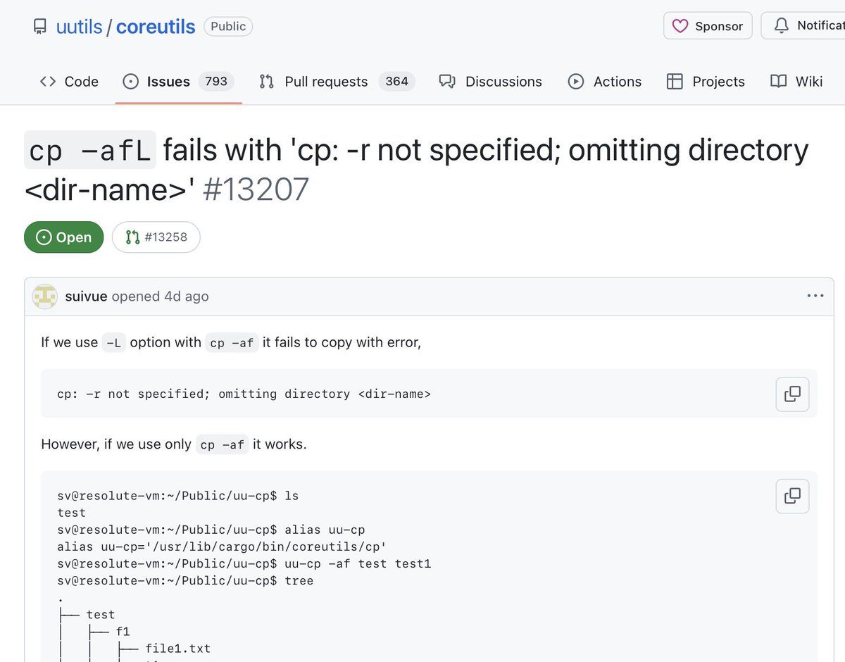 LundukeJournal's tweet photo. A critical bug in the Rust clone of the “cp” command is causing Ubuntu builds to fail.

In order to get Ubuntu builds to work again, the Ubuntu team decided to revert back to the GNU Coreutils version of “cp”.

This came after Canonical’s VP of Engineering stated that ALL (100%) of the GNU “Coreutils” would be replaced with Rust-based (MIT licensed) clones… by the release of Ubuntu 26.10.

That’s 4 months from now.