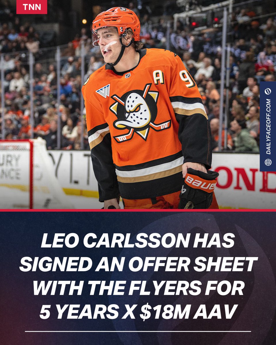 DailyFaceoff's tweet photo. OFFER SHEET 🚨🚨🚨

Leo Carlsson just signed a massive offer sheet with the Philadelphia Flyers!

(h/t @FriedgeHNIC) https://t.co/Qy1RIrTgfO