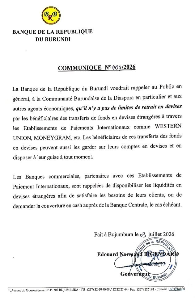 IrisNews_'s tweet photo. 💵 Jusqu'ici, retirer des devises reçues via Western Union ou MoneyGram relevait parfois du parcours du combattant : plafonds de retrait, longues files d'attente dès l'aube et, bien souvent, des guichets qui annonçaient avant la fin de la matinée ne plus disposer de devises.

📄 La Banque de la République du #Burundi - @BankiNkuru,  vient de publier un communiqué qui change la donne. Désormais, les bénéficiaires peuvent retirer l'intégralité des devises qui leur sont transférées via Western Union ou MoneyGram, sans limitation. Ils peuvent également conserver ces fonds sur leurs comptes en devises et en disposer librement, à tout moment.

 #IrisNews