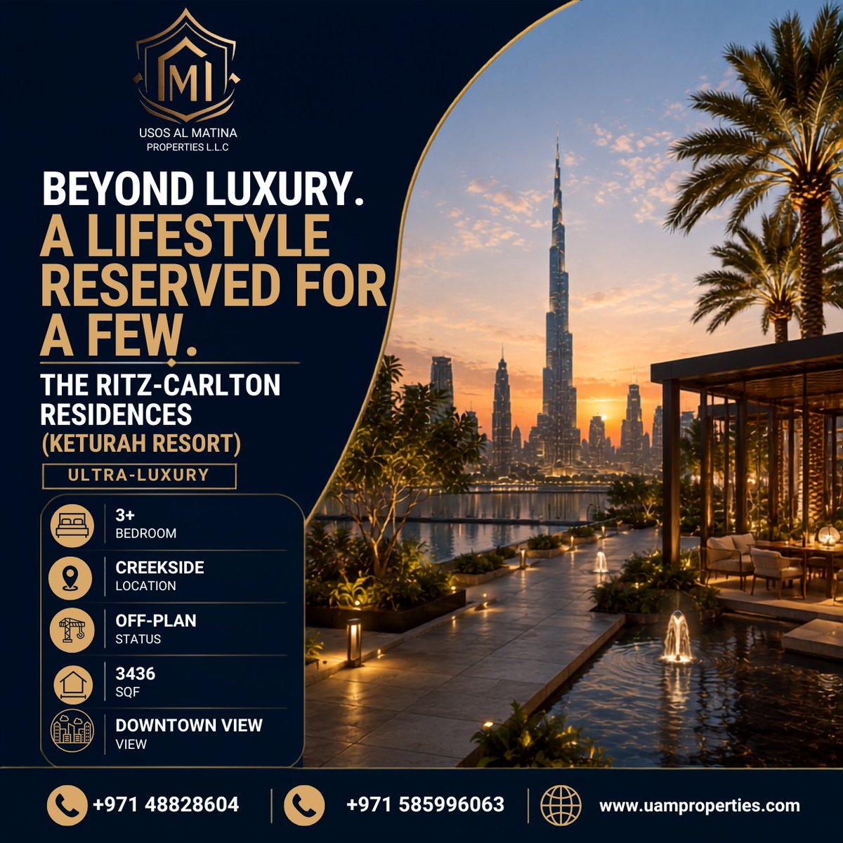 Usosalmatina's tweet photo. Beyond luxury. A lifestyle reserved for a few.✨3+ BR ultra-luxury off-plan residence at The Ritz-Carlton Residences (Keturah Resort). 3,436 SQF, Creekside location, Downtown views. 
Details:📞+971 48828604 /+971 585996063 
🌐 https://t.co/pgac7Vg5X0 

#DubaiProperty #RitzCarlton https://t.co/mXQMvIdHLL