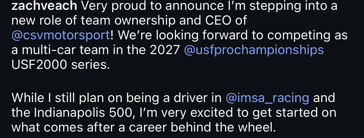Hickey93's tweet photo. 𝗭𝗔𝗖𝗛 𝗩𝗘𝗔𝗖𝗛 has announced that he is stepping into an ownership role in the USF 2000 championship next season via Instagram
He is not retiring from being a professional driver
#INDYCAR #RoadtoIndy https://t.co/tsow1xV066