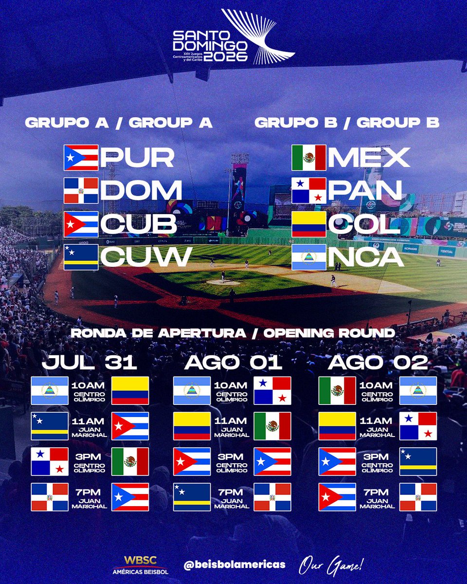 beisbolamericas's tweet photo. #SantoDomingo2026 

Juegos Centroamericanos y del Caribe / Central America and Caribbean games

A: 🇵🇷🇩🇴🇨🇺🇨🇼
B: 🇲🇽🇵🇦🇨🇴🇳🇮

📍 Santo Domingo, República Dominicana 
🏟️ Juan Marichal 

Información/ Information:
💻 https://t.co/aNFJGEif83

@wbsc
@fedomrd

#OurGame 
#NuestroJuego https://t.co/NNM0IVAINN