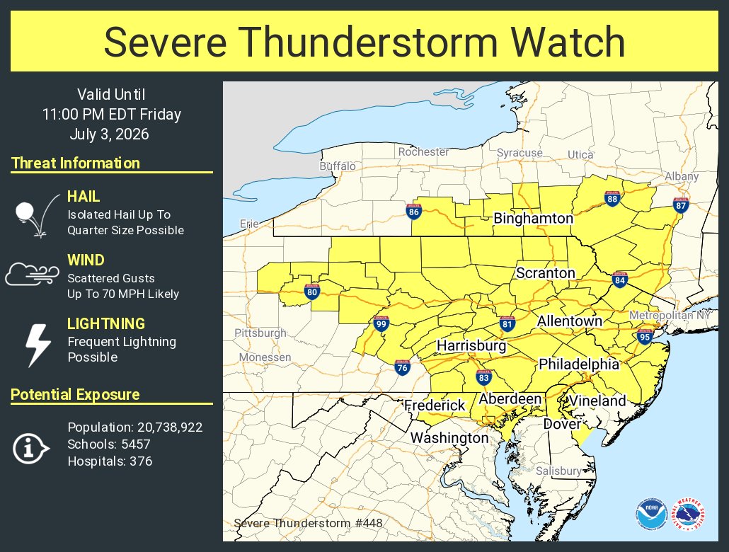 NWS_MountHolly's tweet photo. A severe thunderstorm watch has been issued for parts of Delaware, Maryland, New Jersey, New York and Pennsylvania until 11 PM EDT https://t.co/2Ql5EneQJQ