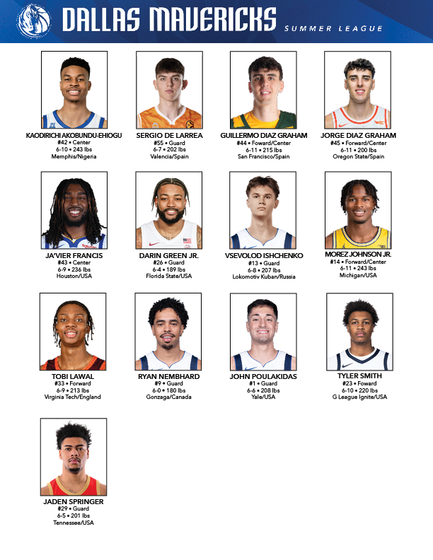 MavsPR's tweet photo. The Dallas Mavericks announced their roster for the 2026 Las Vegas Summer League team today, headlined by 9th overall pick Morez Johnson Jr. 

Dallas tips off SL against Johnson’s former Michigan teammate Yaxel Lendeborg and the Golden State Warriors on July 9 at 6 p.m. CT. https://t.co/9xymcKT7cL