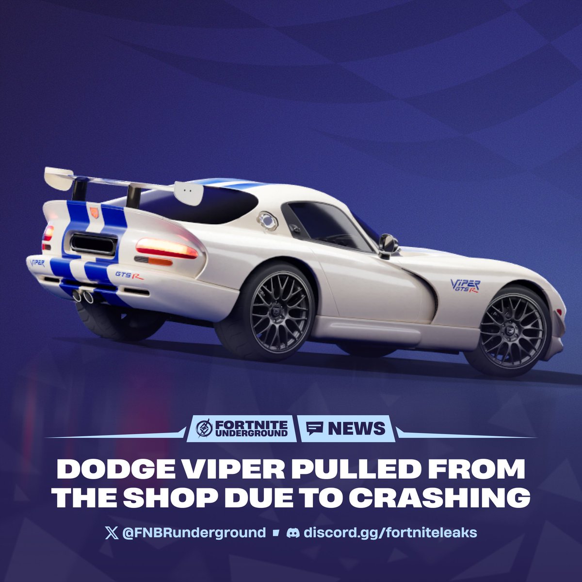 holyenthenity's tweet photo. The Dodge Viper has been pulled from the Fortnite Shop due to a crashing bug 🚫 

Players who purchased the car body can request a refund from support. It remains available to purchase in the Rocket League Shop, and transfers to Fortnite through cross-game compatibility. https://t.co/OCif9SDQ2n