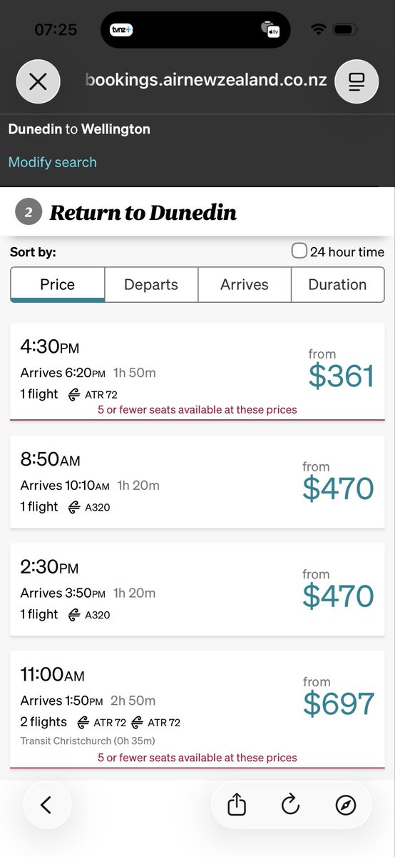 ThomasPanton's tweet photo. .@FlyAirNZ are you serious? These flight prices are straight-up extortion. $697.00 Wellington Dunedin. https://t.co/3CpDZDvrTM