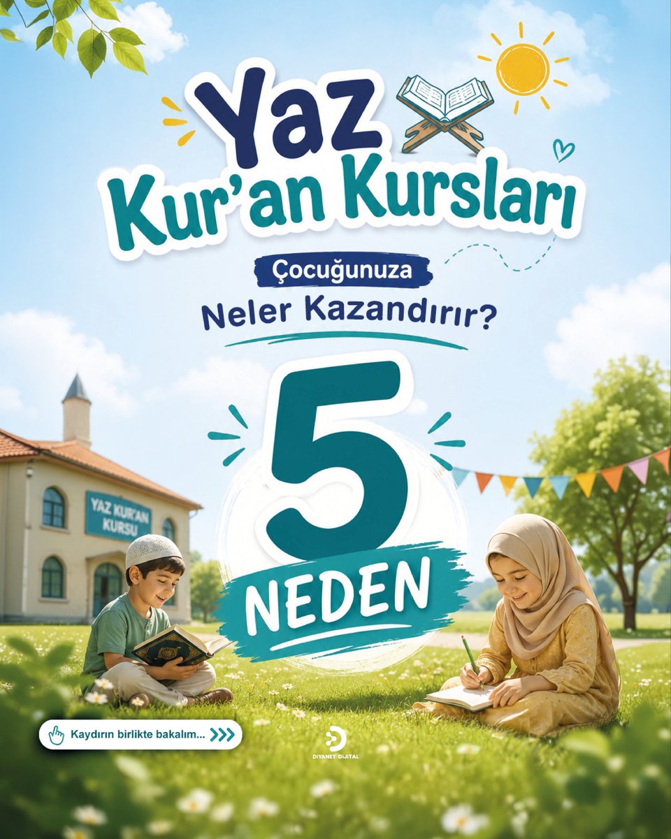 DiyanetDijital's tweet photo. ☀️☀️☀️
YAZ KUR’AN KURSLARI ÇOCUĞUNUZA NELER KAZANDIRIR

MANEVİ GELİŞİM
Çocuklar bu kurslarda yalnızca Kur’an okumayı öğrenmez.

Allah sevgisini, Peygamber sevgisini, dua etmeyi, camiyi ve ibadetin hayatın özü olduğunu keşfeder.

Birlikte namaz kılar, dua eder, ezber yapar ve dinini
yaşayarak öğrenir.

Böylece bir yaz boyunca kurulan bu bağ, hayat boyu unutulmaz.

YENİ ARKADAŞLIKLAR
Aynı mahalleden, aynı şehirden hatta farklı çevrelerden gelen çocuklar birlikte öğrenir, birlikte oynar ve birlikte büyür.

Oyunlar, grup etkinlikleri, yarışmalar ve ortak çalışmalar sayesinde yalnızca arkadaş değil, güzel hatıralar da kazanırlar.

Bugün kurulan dostluklar, yıllar sonra tebessümle hatırlanır.

DEĞER EĞİTİM��
Paylaşmak…
Saygı göstermek…
Yardımlaşmak…
Doğru sözlü olmak…
Büyükleri saymak, küçüklere sevgi göstermek…

Yaz Kur’an Kurslarında bu değerler sadece anlatılmaz;
oyunlar, etkinlikler ve günlük davranışlarla
hayata aktarılır.

Çocuklar sadece bilgiyi değil, güzel davranışları da öğrenir.

SOSYAL BECERİLER
Topluluk içinde konuşmayı…
Sorumluluk almayı…
Birlikte hareket etmeyi…
Dinlemeyi ve kendini ifade etmeyi öğrenir.

Drama çalışmaları, bilgi yarışmaları, sportif faaliyetler,
el sanatları, kitap okuma saatleri ve grup etkinlikleri sayesinde çocuklar özgüven kazanırken iletişim becerilerini de geliştirir.

HUZURLU EĞİTİM ORTAMI
Yaz Kur’an Kursları; çocukların hem öğrenebileceği
hem de kendini huzurlu hissedebileceği nezih ortamlardır.

Camiler ve Kur’an Kurslarında görev yapan din görevlileri, eğitimciler, öğreticiler eşliğinde çocuklarımız bir yandan eğitim alırken, arkadaşlarıyla da kaliteli zaman geçirmiş olur.

Aileler için bu, sadece bir yaz programı değil; çocuklarının güvenle vakit geçirebileceği değerli bir eğitim ortamıdır.

BİR YAZ
Sadece birkaç haftalık bir tatil değildir.

Doğru değerlendirildiğinde;

güzel alışkanlıkların,

iyi arkadaşlıkların ve unutulmayacak hatıraların başlangıcı olabilir.

#DiyanetDijital #YazKuranKursu