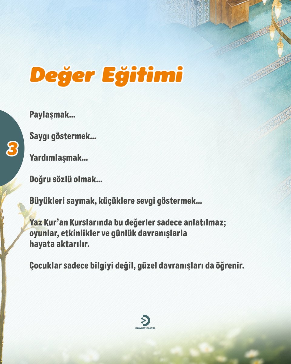 DiyanetDijital's tweet photo. ☀️☀️☀️
YAZ KUR’AN KURSLARI ÇOCUĞUNUZA NELER KAZANDIRIR

MANEVİ GELİŞİM
Çocuklar bu kurslarda yalnızca Kur’an okumayı öğrenmez.

Allah sevgisini, Peygamber sevgisini, dua etmeyi, camiyi ve ibadetin hayatın özü olduğunu keşfeder.

Birlikte namaz kılar, dua eder, ezber yapar ve dinini
yaşayarak öğrenir.

Böylece bir yaz boyunca kurulan bu bağ, hayat boyu unutulmaz.

YENİ ARKADAŞLIKLAR
Aynı mahalleden, aynı şehirden hatta farklı çevrelerden gelen çocuklar birlikte öğrenir, birlikte oynar ve birlikte büyür.

Oyunlar, grup etkinlikleri, yarışmalar ve ortak çalışmalar sayesinde yalnızca arkadaş değil, güzel hatıralar da kazanırlar.

Bugün kurulan dostluklar, yıllar sonra tebessümle hatırlanır.

DEĞER EĞİTİM��
Paylaşmak…
Saygı göstermek…
Yardımlaşmak…
Doğru sözlü olmak…
Büyükleri saymak, küçüklere sevgi göstermek…

Yaz Kur’an Kurslarında bu değerler sadece anlatılmaz;
oyunlar, etkinlikler ve günlük davranışlarla
hayata aktarılır.

Çocuklar sadece bilgiyi değil, güzel davranışları da öğrenir.

SOSYAL BECERİLER
Topluluk içinde konuşmayı…
Sorumluluk almayı…
Birlikte hareket etmeyi…
Dinlemeyi ve kendini ifade etmeyi öğrenir.

Drama çalışmaları, bilgi yarışmaları, sportif faaliyetler,
el sanatları, kitap okuma saatleri ve grup etkinlikleri sayesinde çocuklar özgüven kazanırken iletişim becerilerini de geliştirir.

HUZURLU EĞİTİM ORTAMI
Yaz Kur’an Kursları; çocukların hem öğrenebileceği
hem de kendini huzurlu hissedebileceği nezih ortamlardır.

Camiler ve Kur’an Kurslarında görev yapan din görevlileri, eğitimciler, öğreticiler eşliğinde çocuklarımız bir yandan eğitim alırken, arkadaşlarıyla da kaliteli zaman geçirmiş olur.

Aileler için bu, sadece bir yaz programı değil; çocuklarının güvenle vakit geçirebileceği değerli bir eğitim ortamıdır.

BİR YAZ
Sadece birkaç haftalık bir tatil değildir.

Doğru değerlendirildiğinde;

güzel alışkanlıkların,

iyi arkadaşlıkların ve unutulmayacak hatıraların başlangıcı olabilir.

#DiyanetDijital #YazKuranKursu