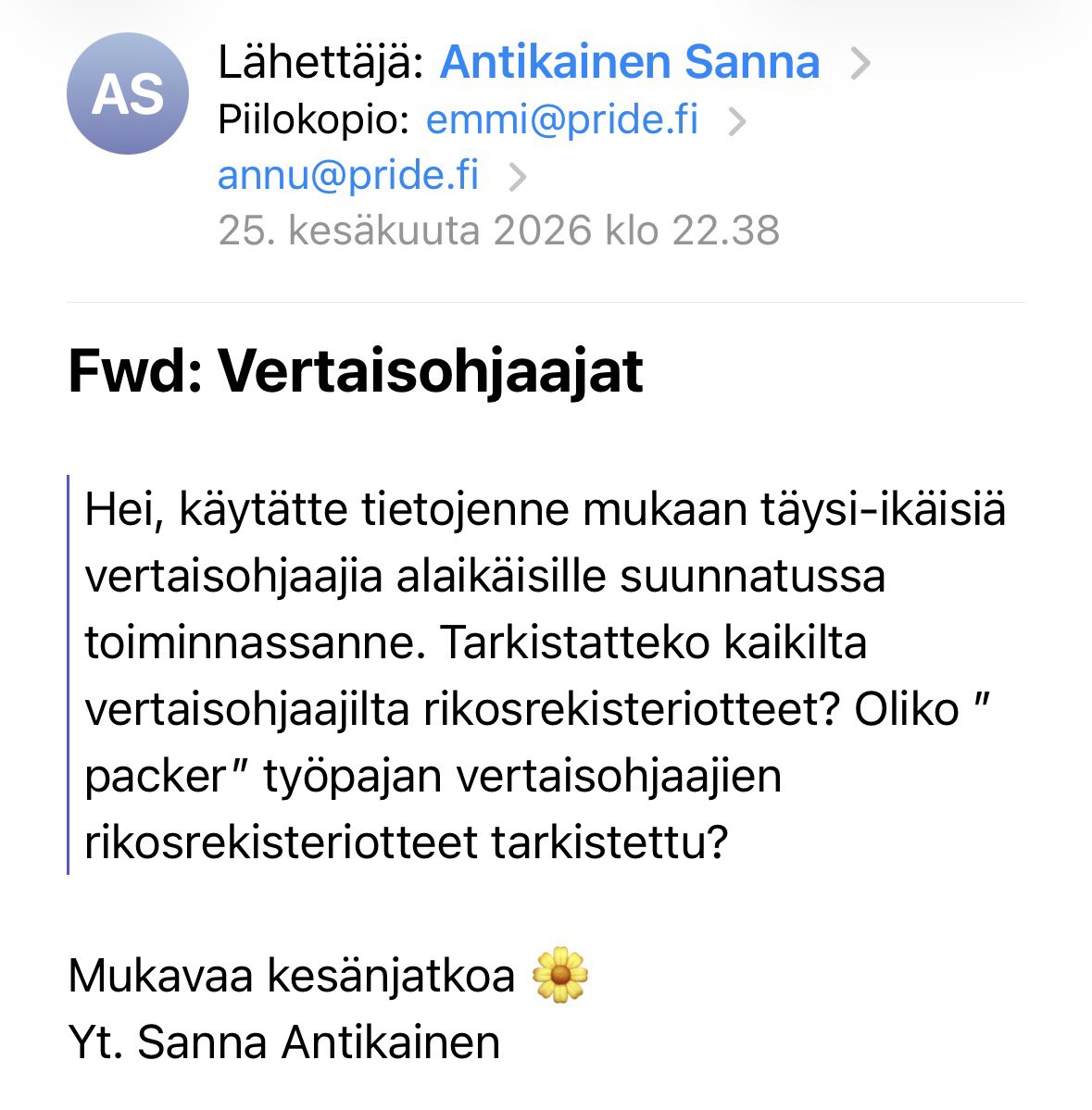 SannaAntikainen's tweet photo. Lähetin oheisen viestin @helsinkipride . Kysymys on varsin simppeli: tarkistetaanko alaikäisten kanssa tekemisissä olevilta vertaisohjaajilta rikosrekisteriote. Siihen voi vastata helposti kyllä tai ei. 

Koska en ole saanut vastausta: oletan, että Helsinki Pride ei tarkista alaikäisten kanssa tekemisissä olevilta vertaisohjaajilta rikosrekisteriotetta. Lukitsen tämän vastauksen niin kauan kuin Helsinki Pride todistaa toisin. 

Aikamoista.