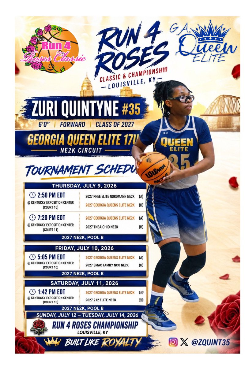 Zquint35's tweet photo. Louisville bound! ๐น๐
Excited to compete in the Run 4 Roses Classic with Georgia Queen Elite 17U. Thankful for every opportunity to play the game I love and continue chasing growth. See you in Louisville! ๐๐
#Run4Roses #NE2K #HEARTWORK #GRIT
#WINNERGY
@GeorgiaQueenEl1
@HoopsTrojan
@mikemillsnc