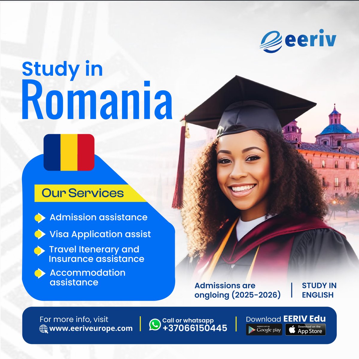Eeriveurope's tweet photo. 📚Study in Romania 🇷🇴
Top medical & tech degrees for less! 🩺💻
Why Romania?
✅ Renowned universities
✅ Very affordable costs
✅ Historic student cities
📲Download the EERIV Edu app ( https://t.co/DAu9scRCCQ )
#Romania #MedicalSchool #TechDegrees #eeriveurope https://t.co/WE5cS4LsXp