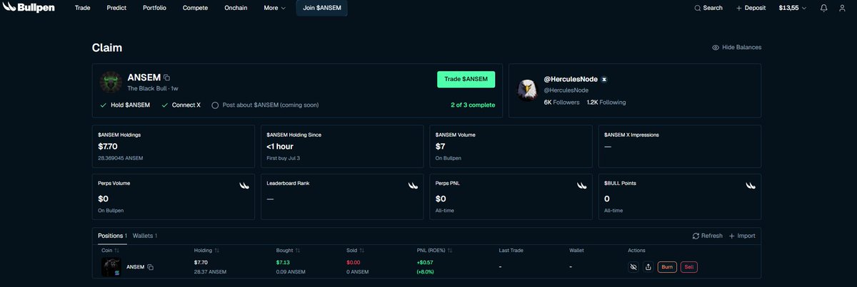 HerculesNode's tweet photo. Ansem airdrop için Bullpen üzerinden biraz solana:9cRCn9rGT8V2imeM2BaKs13yhMEais3ruM3rPvTGpump aldım. Sanırım sadece cüzdanda tutmak yetmeyecek. @blknoiz06 Join Ansem diye buton eklemiş. 

https://t.co/8PclohHsJs  

Bakalım deney gerçekleşecekmi. Onchain balance adresine usdc atıp bir miktar sizde tutup drop için deneyebilirsiniz. 

Cüzdan ile giriş yaptıktan sonra X hesabınızı bağlayın. Daha sonra ansem ile ilgili gönderilere de bakacaklar sanırım. 

Tamamiyle deneme amaçlıdır drop garantisi olmayabilir. Aldığım miktar 3-5 dolar civarı @blknoiz06 0.01 bile yeterli demişti bakalım göreceğiz.