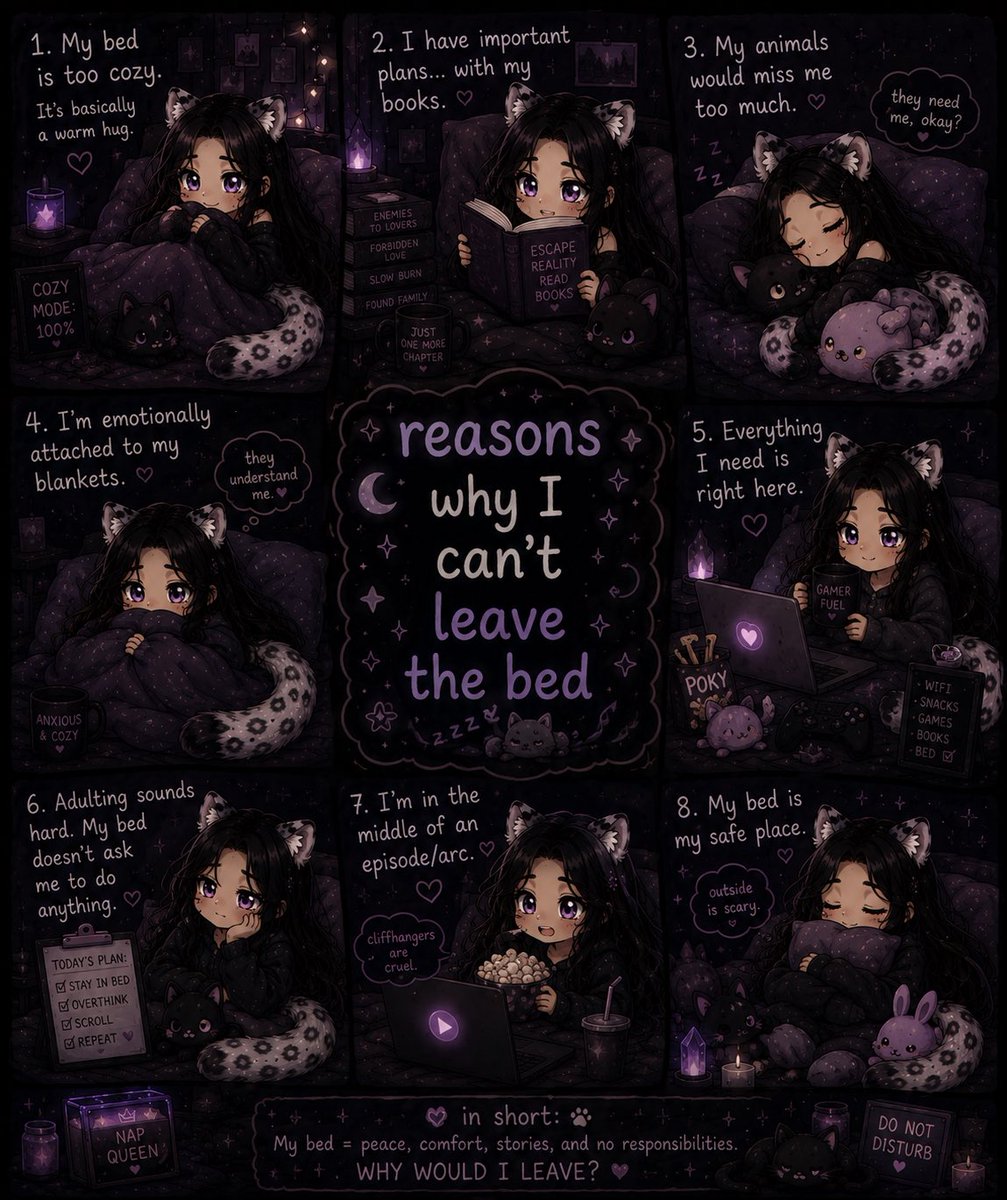athy_snow's tweet photo. ✨ Reasons why Athy can't leave the bed... 🐆💜
Cozy blankets, books that refuse to be put down, games that need finishing, and a bed that's basically her safe haven.
Some battles are worth fighting... getting out of bed isn't one of them. 🖤🌙
#OriginalCharacter #CozyVibes https://t.co/zaoRA76iUG