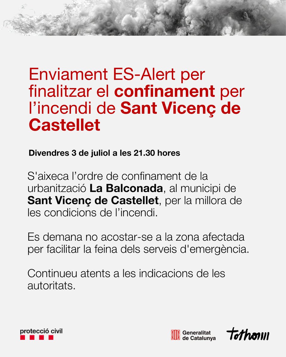 emergenciescat's tweet photo. Un cop l'incendi de Sant Vicenç de Castellet s'ha donat per CONTROLAT,  finalitza l'ordre de confinament de la urbanitzacio La Balconada

Es demana no acostar-se a la zona

#INFOCAT https://t.co/pHLB2BeftI