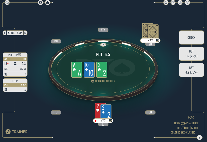 DTOPoker's tweet photo. 🔎Finding the right cbet size is where a lot of EV gets won or lost. 👀
▶️50BB SRP: LJ opens, SB calls.
Flop comes A♣ T♦ 2♣ and SB checks.
❓What's the correct play on the flop with 2♥2♦ ?