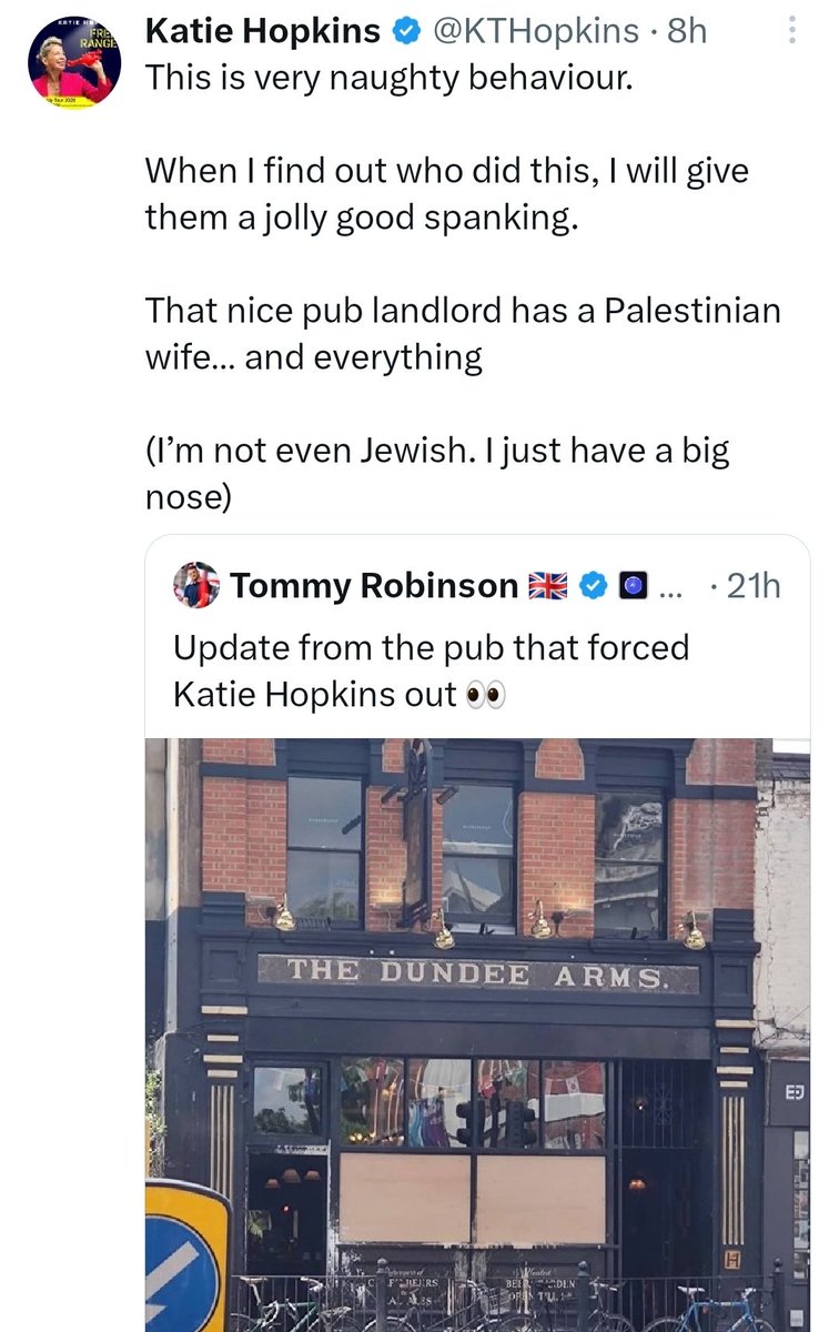 I_amMukhtar's tweet photo. The pub that kicked Katie Hopkins was vandalised.

Also, what does she mean by "I'm even not Jewish but I have a big nose"? https://t.co/EPUkFGNGqQ
