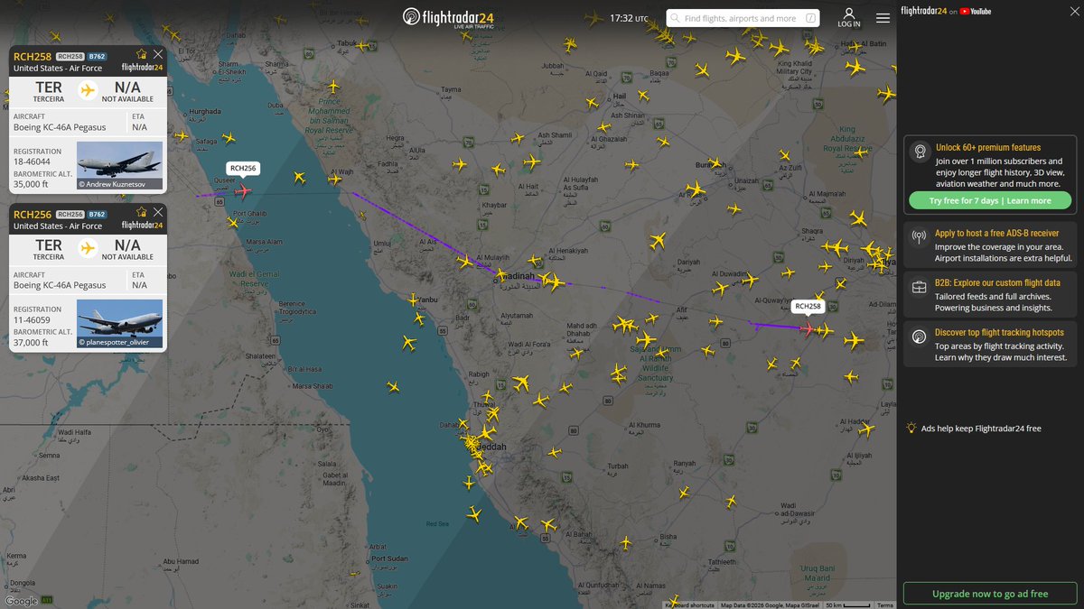 AIYeyENGDdJkjTr's tweet photo. July 4, 2026
#Lajes Air Base, Terceira ==> #Al-Udeid Air Base
#RCH258 #AE5F97 USAF KC-46A Pegasus
#RCH256 #AE5FA6 USAF KC-46A Pegasus https://t.co/Sbe2gBj7ri