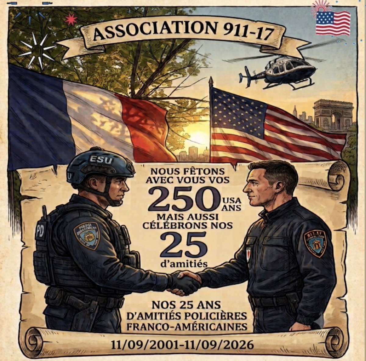 asso91117's tweet photo. Cette année, nous célébrons avec nos amis américains les 250 ans des Etats-Unis.
Mais c’est aussi les 25 ans de nos relations d’amitiés policières franco américaines avec nos homologues du @nypd
👮🇫🇷🤝👮🇺🇸Happy birthday America.
United we stand.
@America250 @WhiteHouse https://t.co/qUtdi27M41