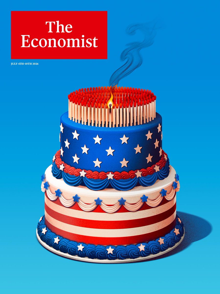 HayatiSir's tweet photo. The Economist. 4 Temmuz 2026. ABD'nin 250. yılı için özel kapak yaptı. Kutlama pastası. Ve üzerinde mum yerine 50 kibrit 50 eyalet için sanki. Ya da daha tehlikeli bir anlamı var.. Onlardan biri yanıyor. Yanan tek kibrit Trump. Yakacak hepsini. Ve 7-8 Temmuz NATO Ankara!.. Yorumlayın hadi.