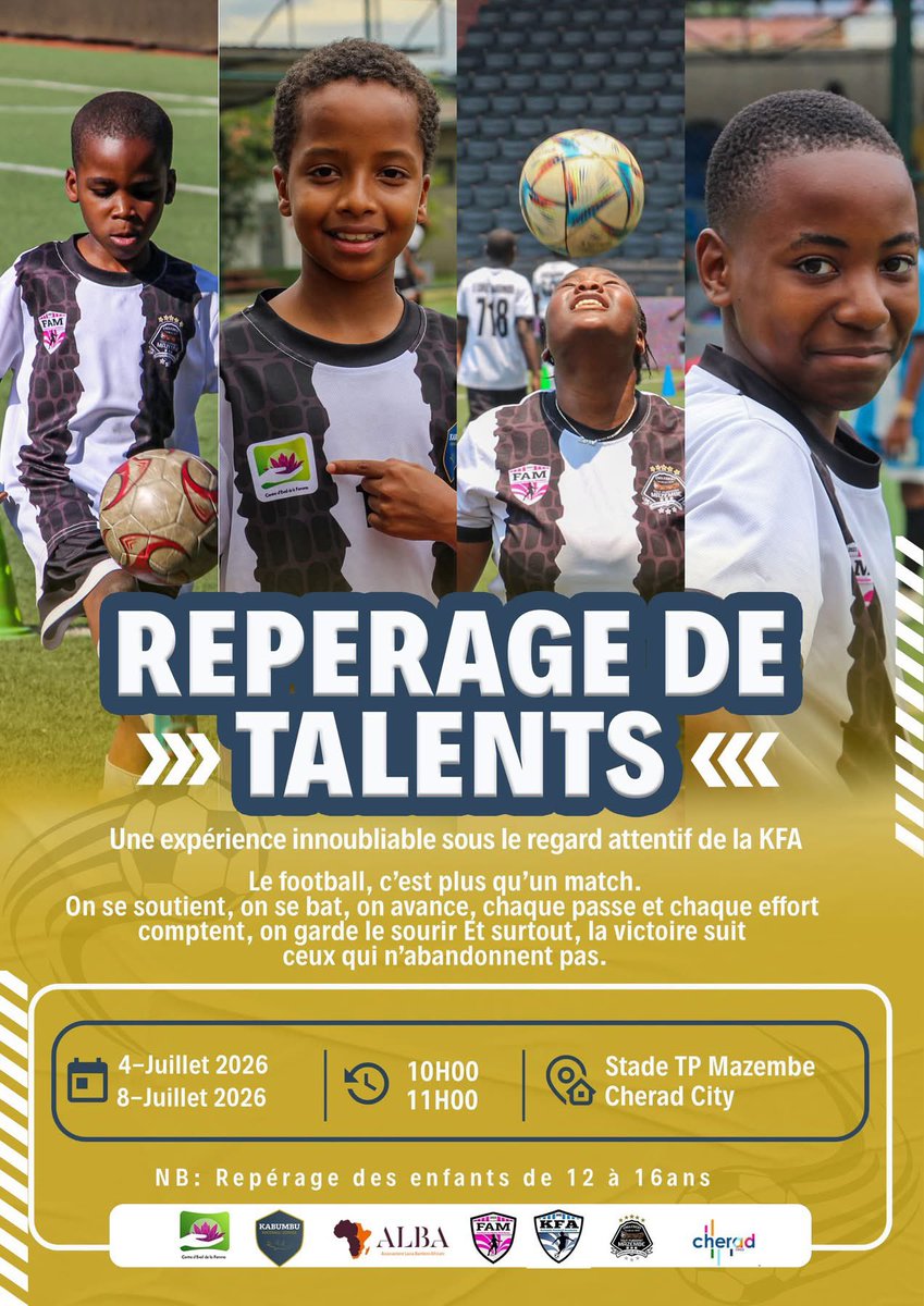 StreamFootRDC's tweet photo. 🚨𝐁𝐑𝐄𝐀𝐊𝐈𝐍𝐆 𝐍𝐄𝐖𝐒 | Du 4 au 8 juillet, l’École de Football Kabumbu donne rendez-vous aux jeunes passionnés de football pour ses journées de repérage de talents au Stade Mazembe.

Sous les regards des recruteurs de la Katumbi Football Academy (KFA) et d’autres équipes du Haut-Katanga, les jeunes licenciés auront l’occasion de montrer leur potentiel et de franchir une nouvelle étape de leur parcours.

📅 Du 4 au 8 juillet 📍 Stade Mazembe – Lubumbashi 🎟️ Entrée gratuite

Parents, responsables et amoureux du football, venez soutenir la relève et partager cinq journées placées sous le signe du talent, de la passion et des opportunités

#Congo