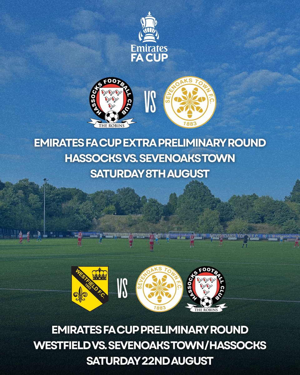 SevenoaksTownFC's tweet photo. EMIRATES FA CUP & ISUZU FA TROPHY DRAW 🏆

We’ve been drawn away to Hassocks in the Emirates FA Cup Extra Preliminary Round on Saturday 8th August. The winner will face Westfield away in the Preliminary Round on Saturday 22nd August ⚽️

In the Isuzu FA Trophy, we’ve got a Bye in the Preliminary Round and will then face Croydon Athletic away in the First Round Qualifying on Saturday 29th August ⚽️

🔵⚫️ | #Sevenoaks #STFC