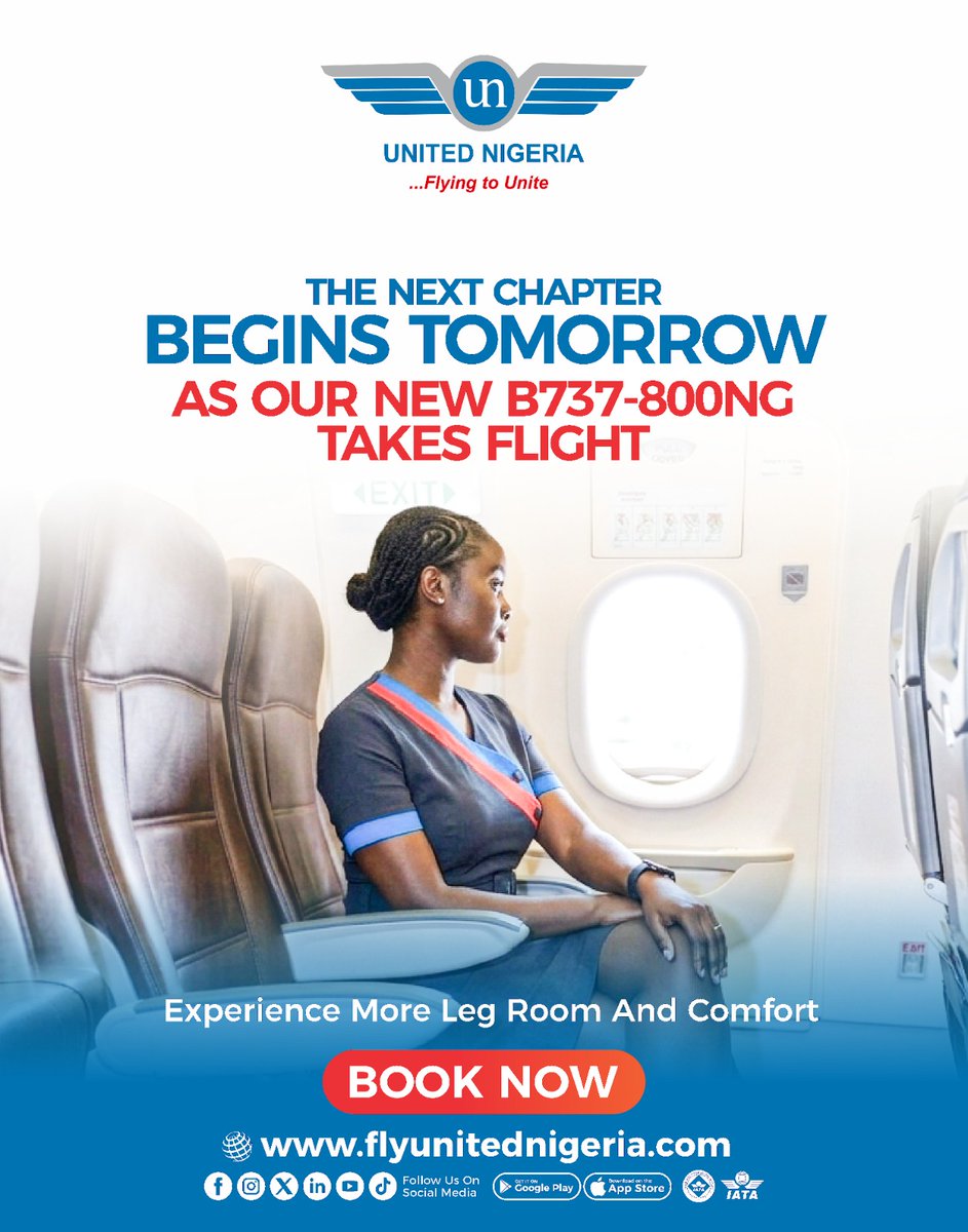 flyunitedng's tweet photo. Tomorrow, we elevate your travel experience. ✈️ Step into a new chapter of comfort, extra legroom aboard our new B737-800NG.

Your next destination awaits—book your seat today!

#FlyUnitedNigeriaAirlines #FlyingToUnite #B737NG https://t.co/LnbrWYm9jO
