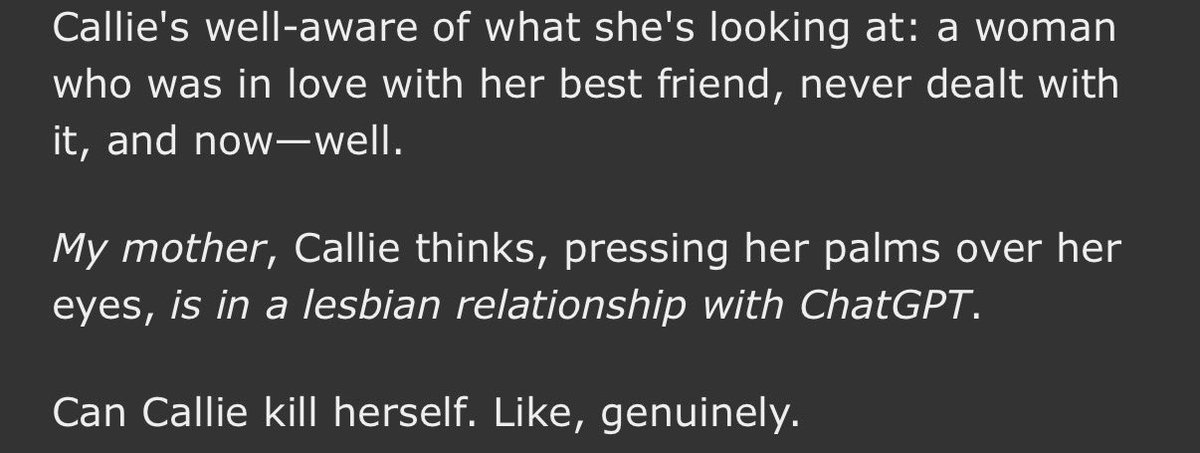 queermediabait's tweet photo. ironically from my jackieshauna au where callie/the other yellowjackets discover that shauna is dating chatgpt bc she thinks it’s jackie taylor reincarnated https://t.co/s7IGzJtEPm