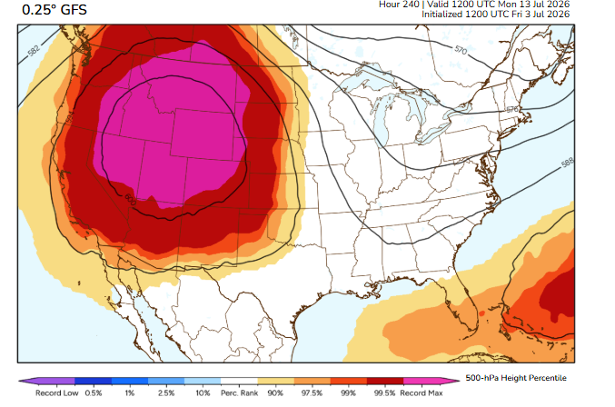 TheGlobalWarmer's tweet photo. Uh… what the hell is this? 😳

The 12z GFS is trying to unleash an absolutely monstrous mid-July heat dome over the western U.S., with a vast core of record-shattering 500mb heights centered on the Great Basin and Rockies.

Still way out there, but that is a nuclear-looking upper-air pattern. If anything remotely resembling this verifies, we could be staring at a truly high-end western heat event.